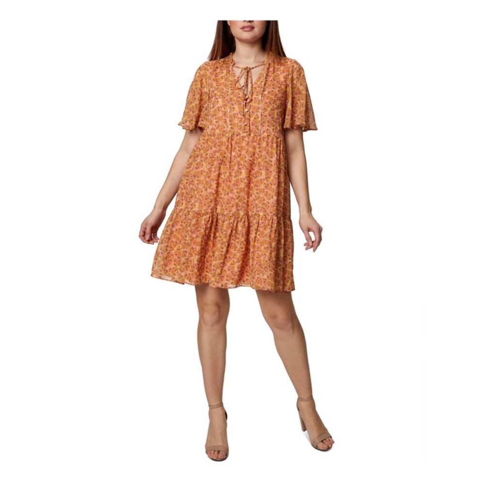 BCBGENERATION Womens Coral Tie Button Front Lined Flutter Sleeve Short Dress 2